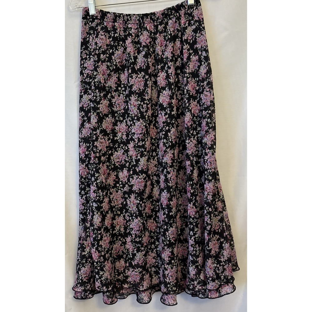 Briggs NY Black Purple Floral Maxi Skirt Ruffle Hem Elastic Waist Dressy Size PM